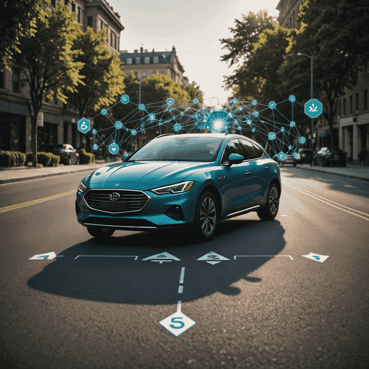 A visual representation of AI and car insurance, showing a neural network overlaid on a car silhouette, with ethical considerations symbolized by a balance scale